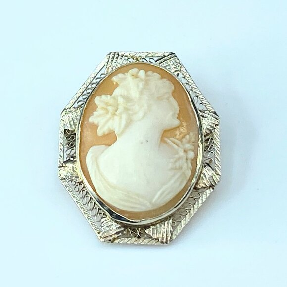 Exquisite Art Deco filigree Cameo 14 karat white gold brooch 1 1/4" 4.8g JR8656